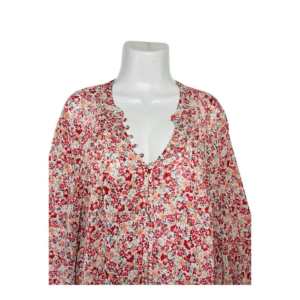 Torrid Floral Sheer Blouse 3X Red Button Up Long Sleeve Gold Stripe Boho Top - Picture 7 of 11